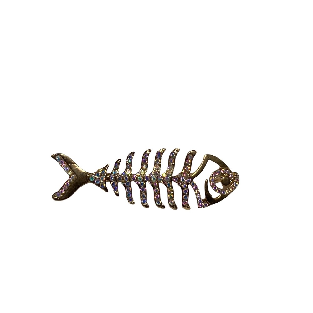 Gold Tone Fish Skeleton Brooch Aurora Borealis Rhinestone Fish Bone Pin